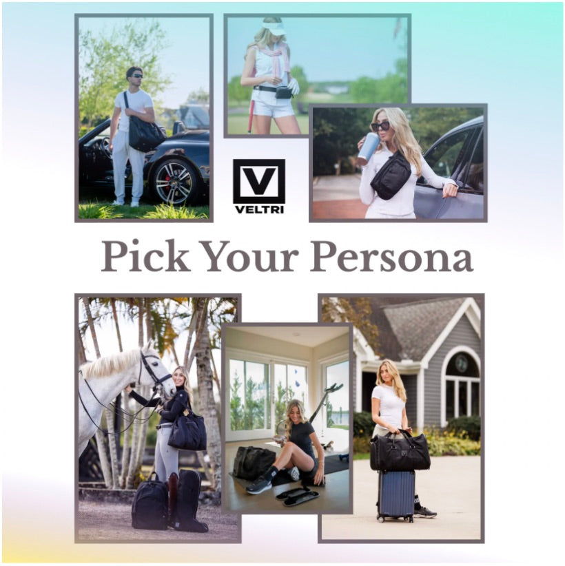 Veltri bag brand collage showing five lifestyle personas with the tagline "Pick Your Persona".