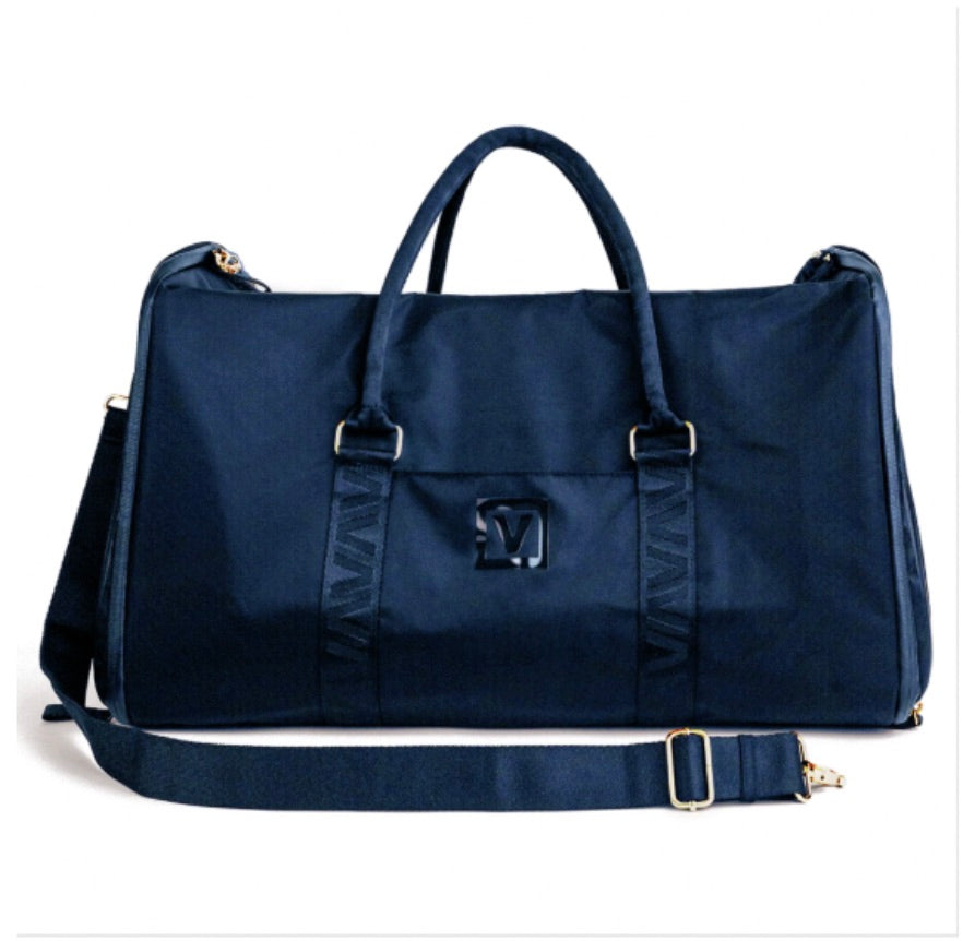 Front view shot of navy Veltri Sport Ellis Garment Duffle against white background.