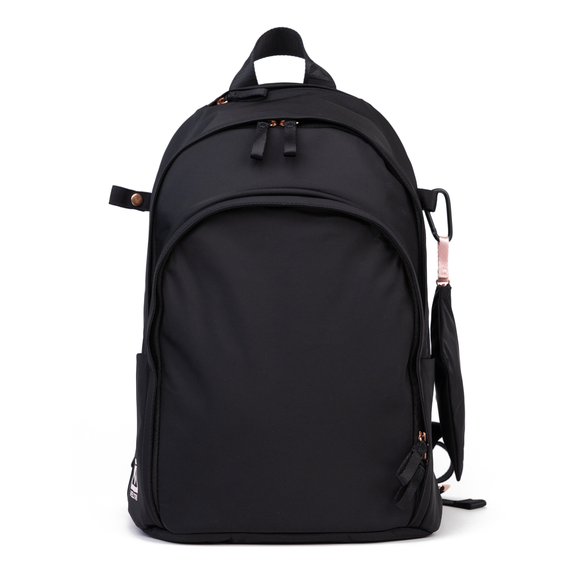 Veltri Sport Delaire Backpack in black with rose gold hardware, versatile backpack designed for riding, travel, and everyday use