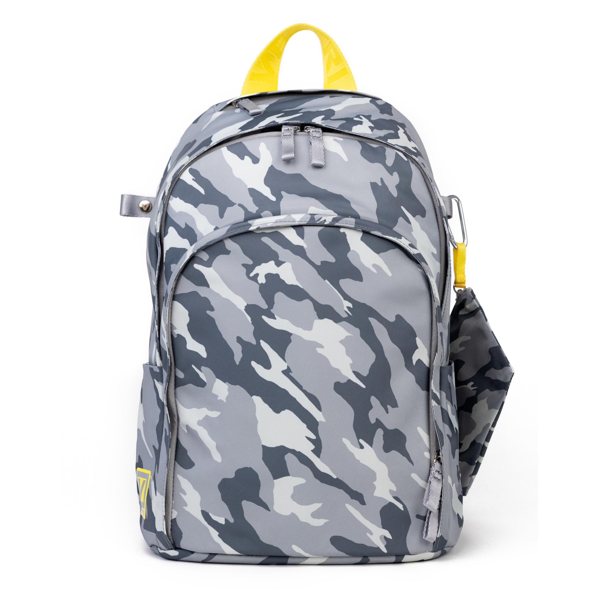 Veltri Sport Delaire Backpack in grey camo with yellow lining, durable water-resistant material and structured design for riding and travel