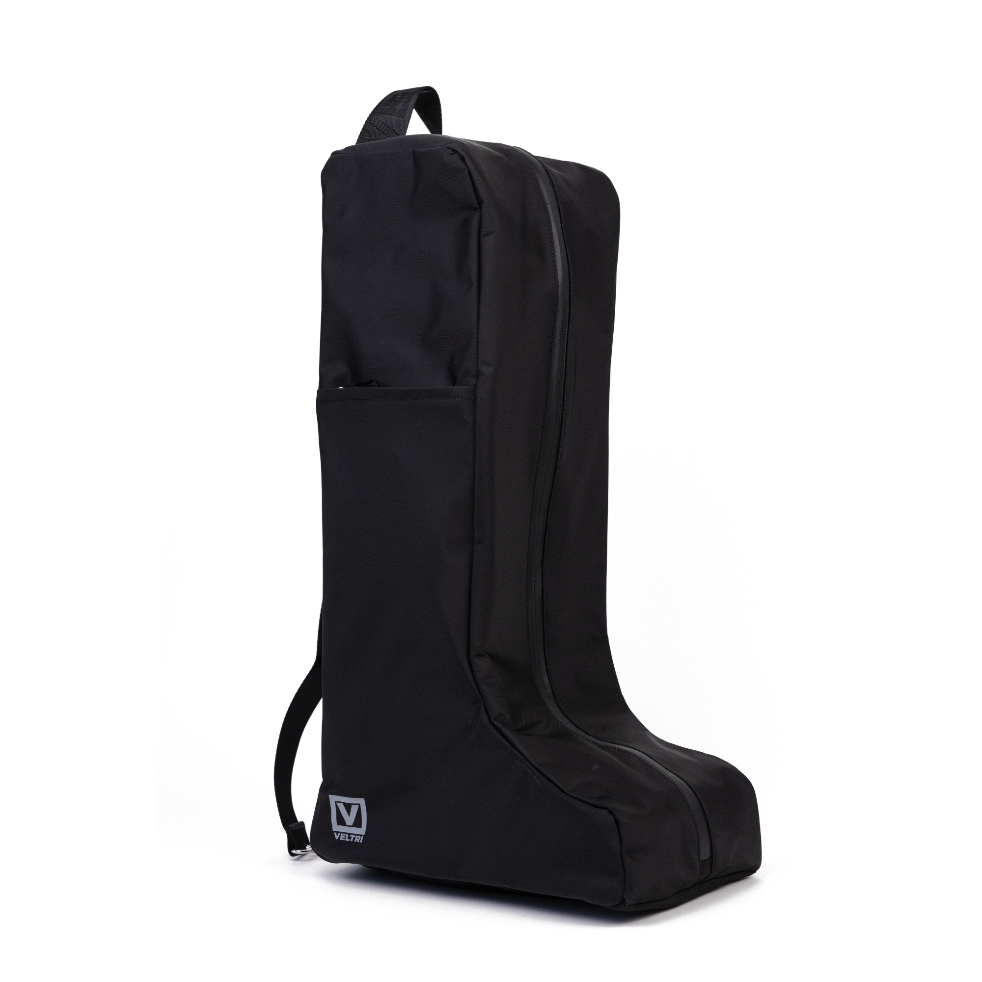 Veltri Sport Bedford Boot Bag in black with nickel hardware shown from the side, lightweight equestrian boot bag for tall boot storage