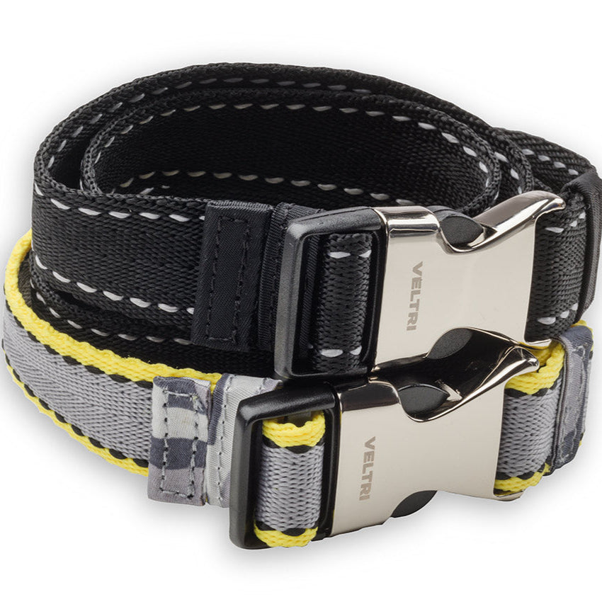 Veltri Sport Biltmore Belts in black and grey yellow with a zoomed in shot of the two belts stacked