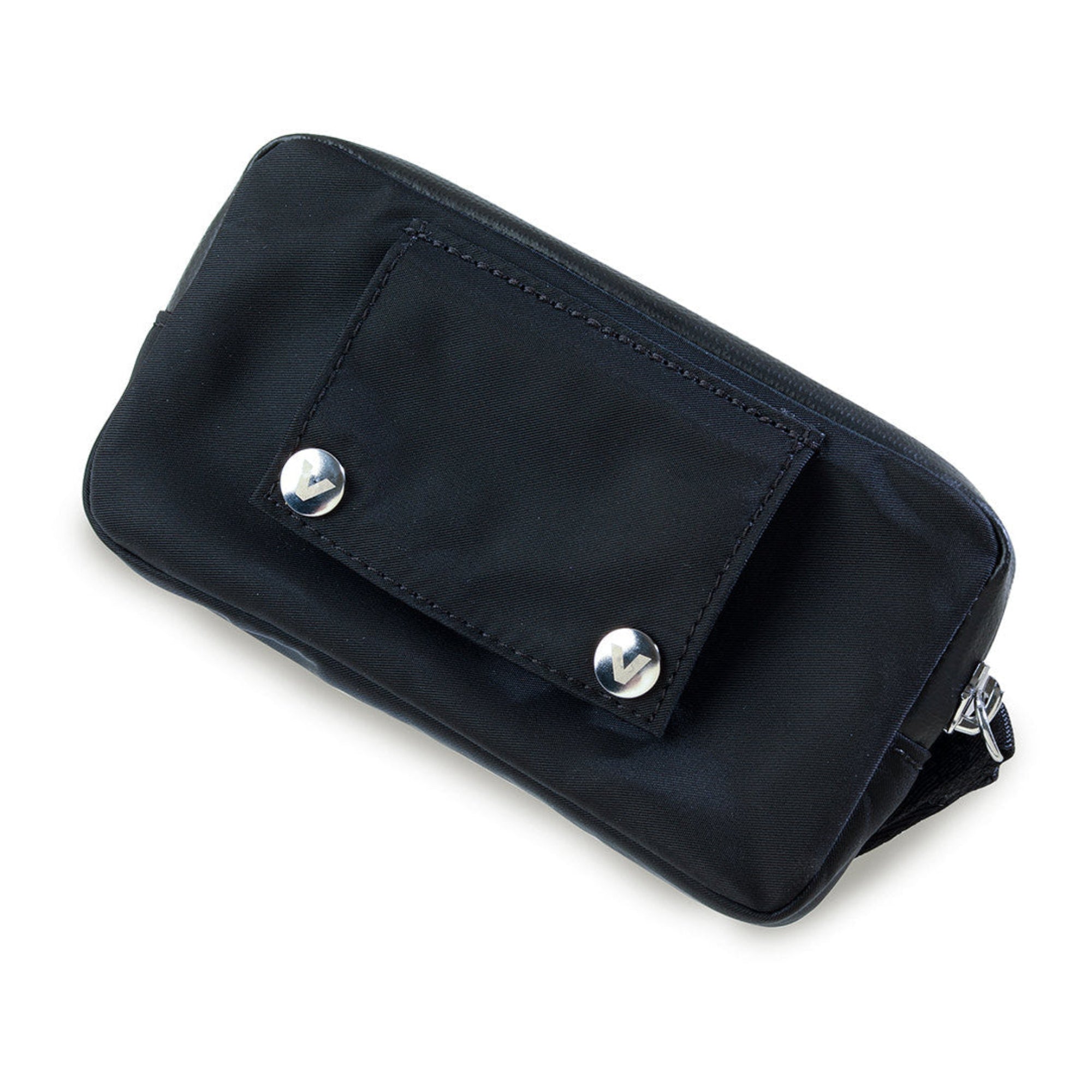 Back view of Veltri Sport Large Eaton Belt Bag in black showing snap closure and how the pouch attaches to the adjustable belt