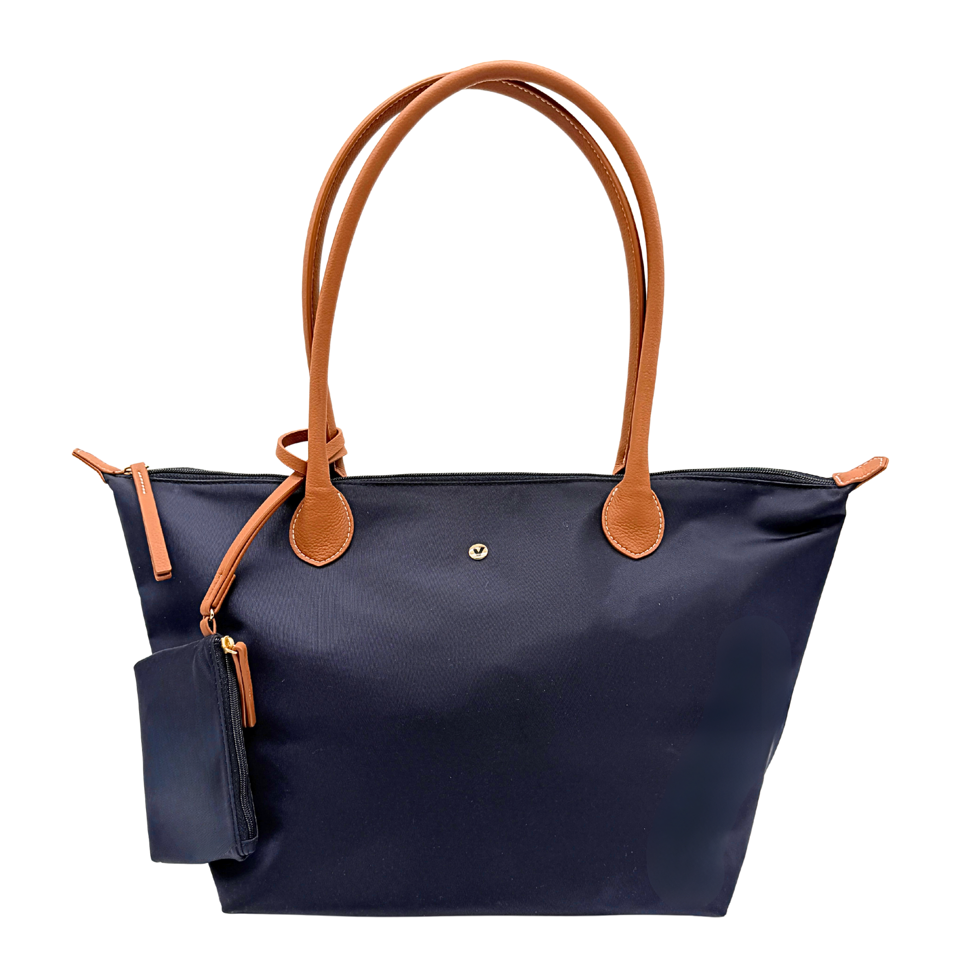 Veltri Sport zip top Campus Tote in all black standing upright with vegan leather handles