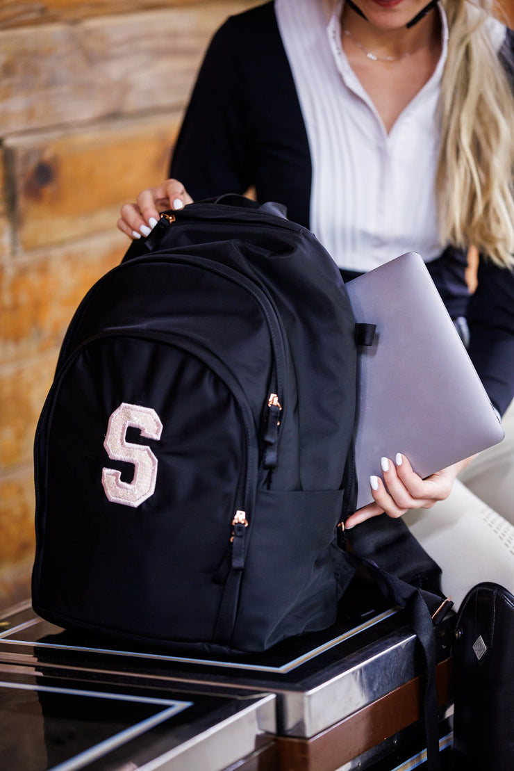Initial Delaire Backpack - Black Rose Gold (custom embroidered - allow an additional 5 business days to ship)