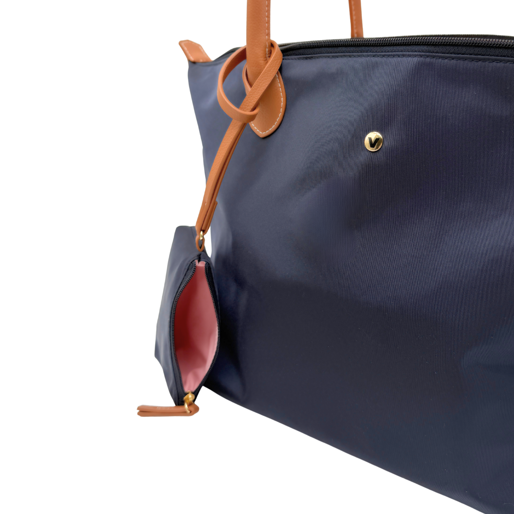 Close-up of Veltri Sport Campus Tote recycled nylon material and lightweight construction including mini pouch