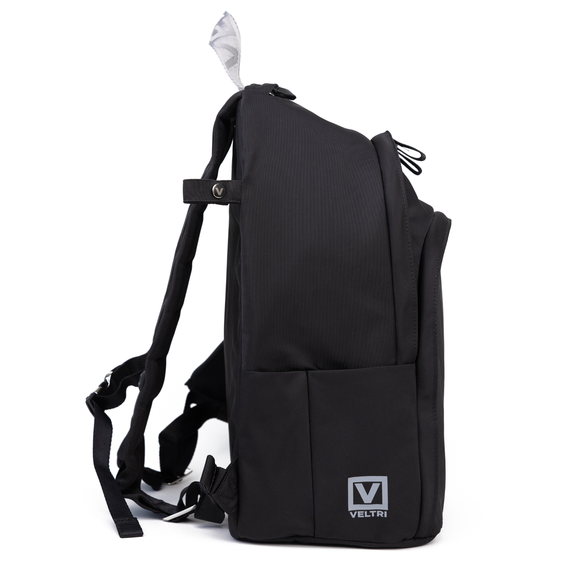 Veltri Sport Delaire Backpack in black with nickel hardware side view, designed to protect your helmet in the padded helmet compartment