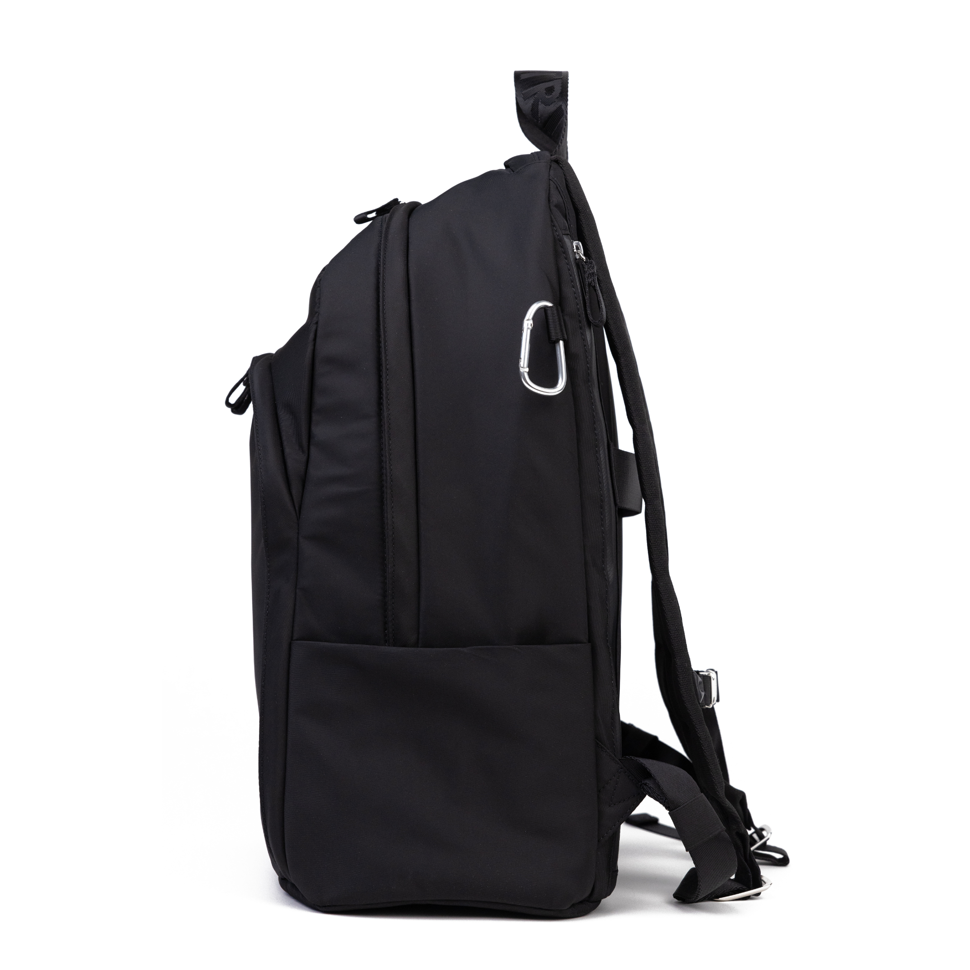 Veltri Sport Grande Backpack in black with nickel hardware shown from side, lightweight backpack designed for everyday use and travel