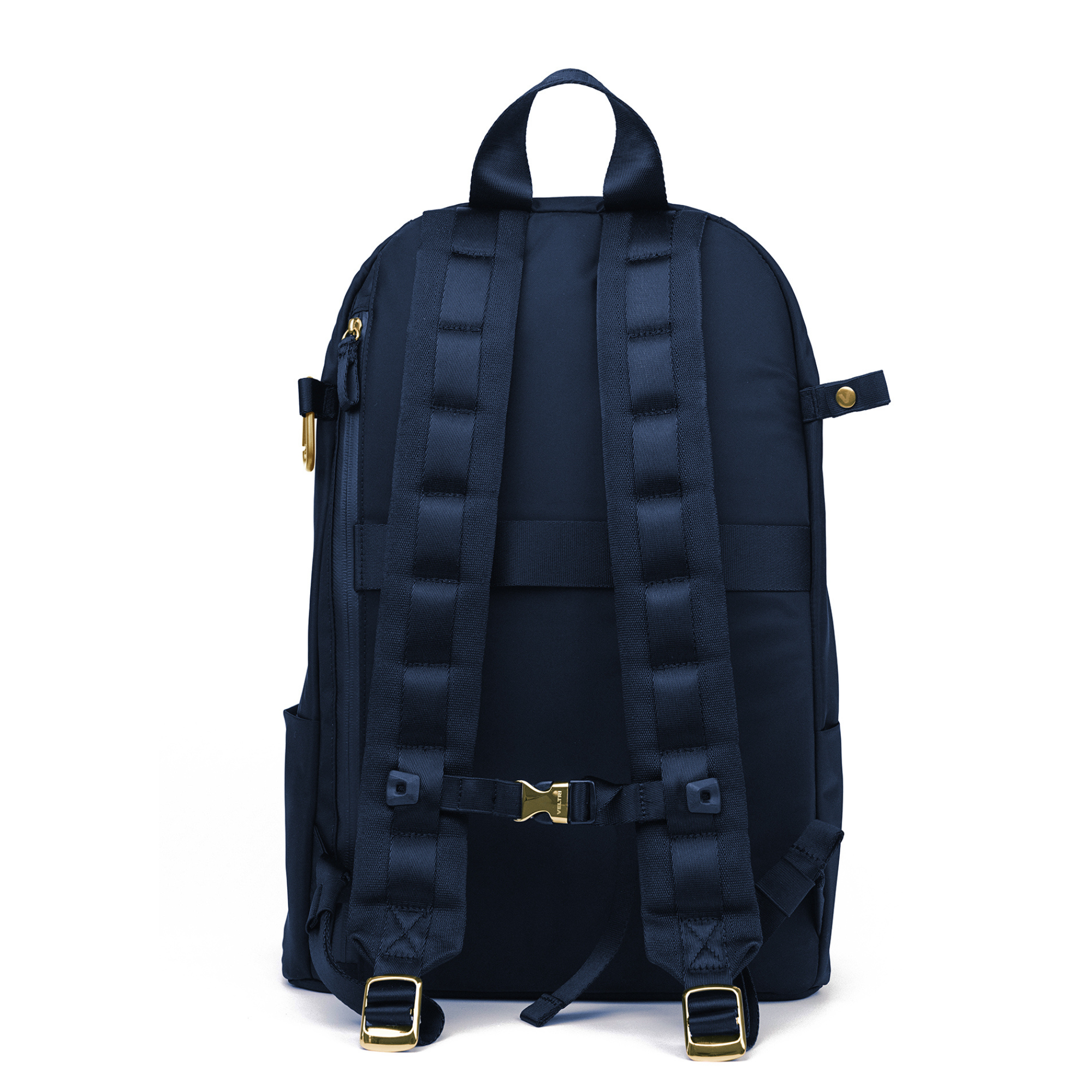 Veltri Sport Grande Backpack in dark navy with gold hardware, equestrian helmet backpack designed to protect and carry a riding helmet and a 16 inch laptop