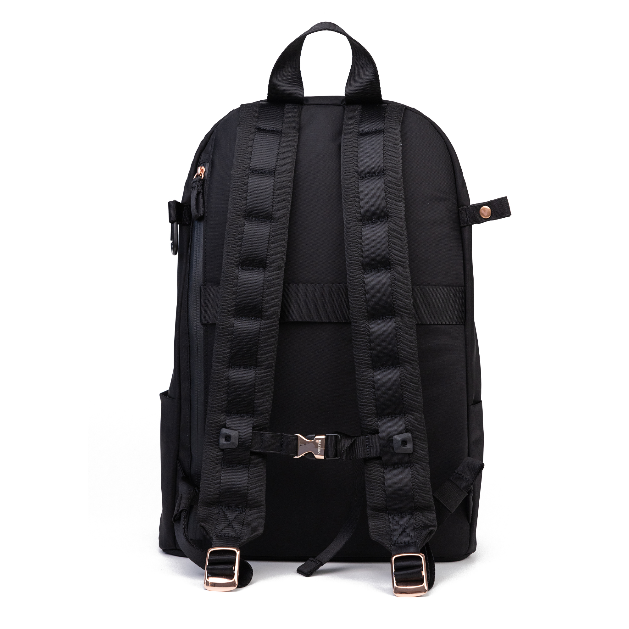 Back view of Veltri Sport Grande Backpack with rose gold hardware featuring adjustable cushioned straps for comfortable all-day wear