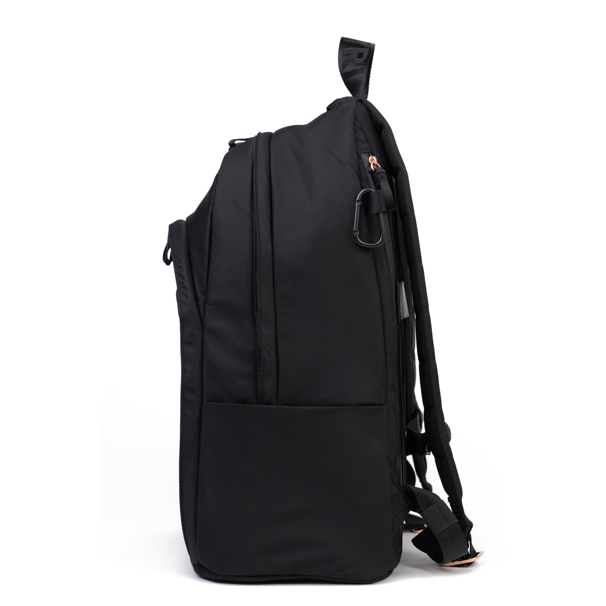 Side view of Veltri Sport Grande Backpack with rose gold hardware featuring waterproof zipper closure on laptop compartment