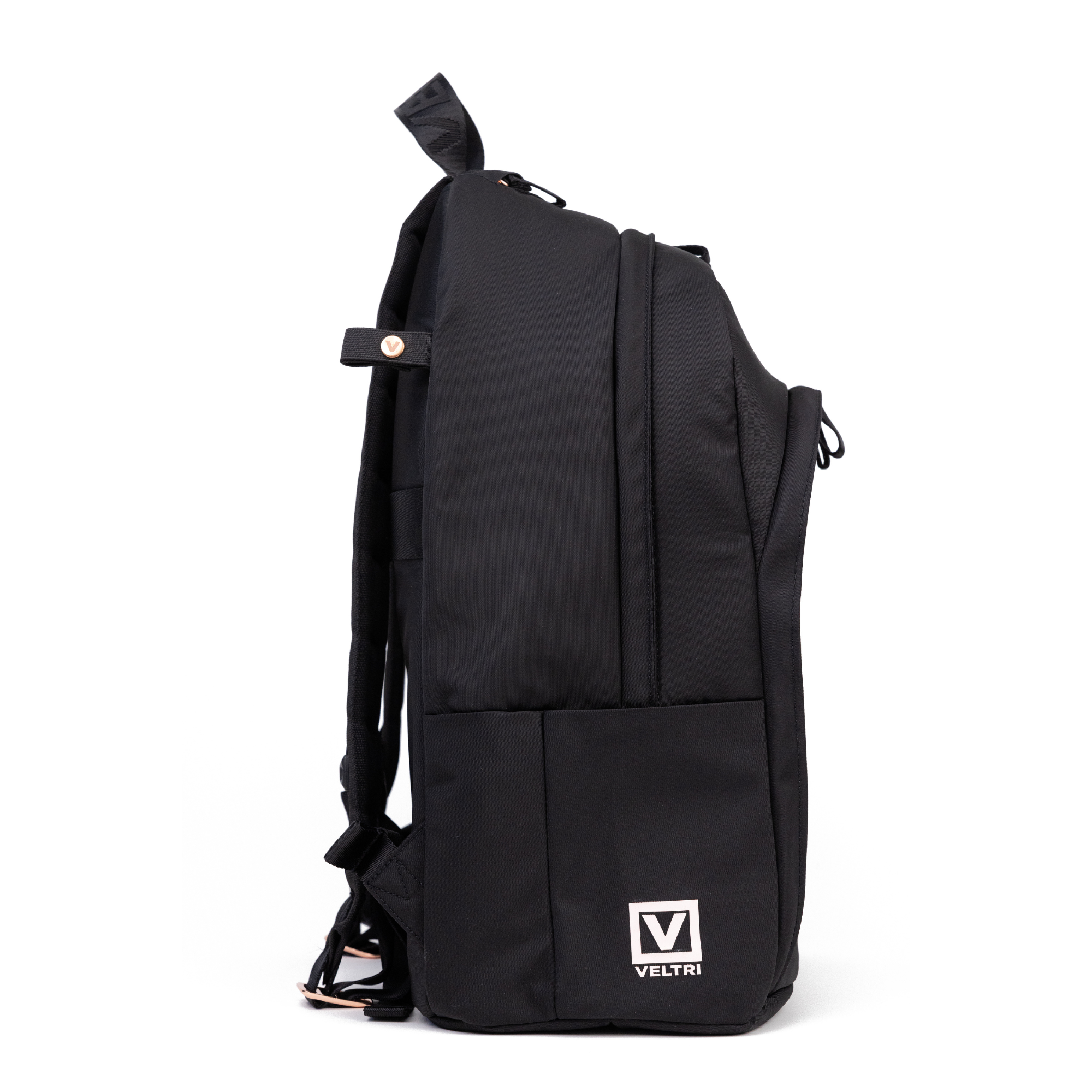 Veltri Sport Grande Backpack in black with rose gold hardware shown from side, water resistant, lightweight backpack designed for travel and everyday use