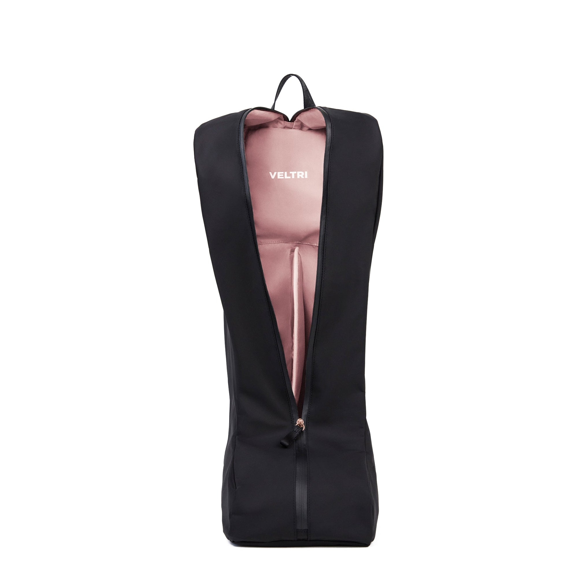 Veltri Sport Bedford Boot Bag opened to reveal blush pink lining with padded divider to keep tall boots separated and protected