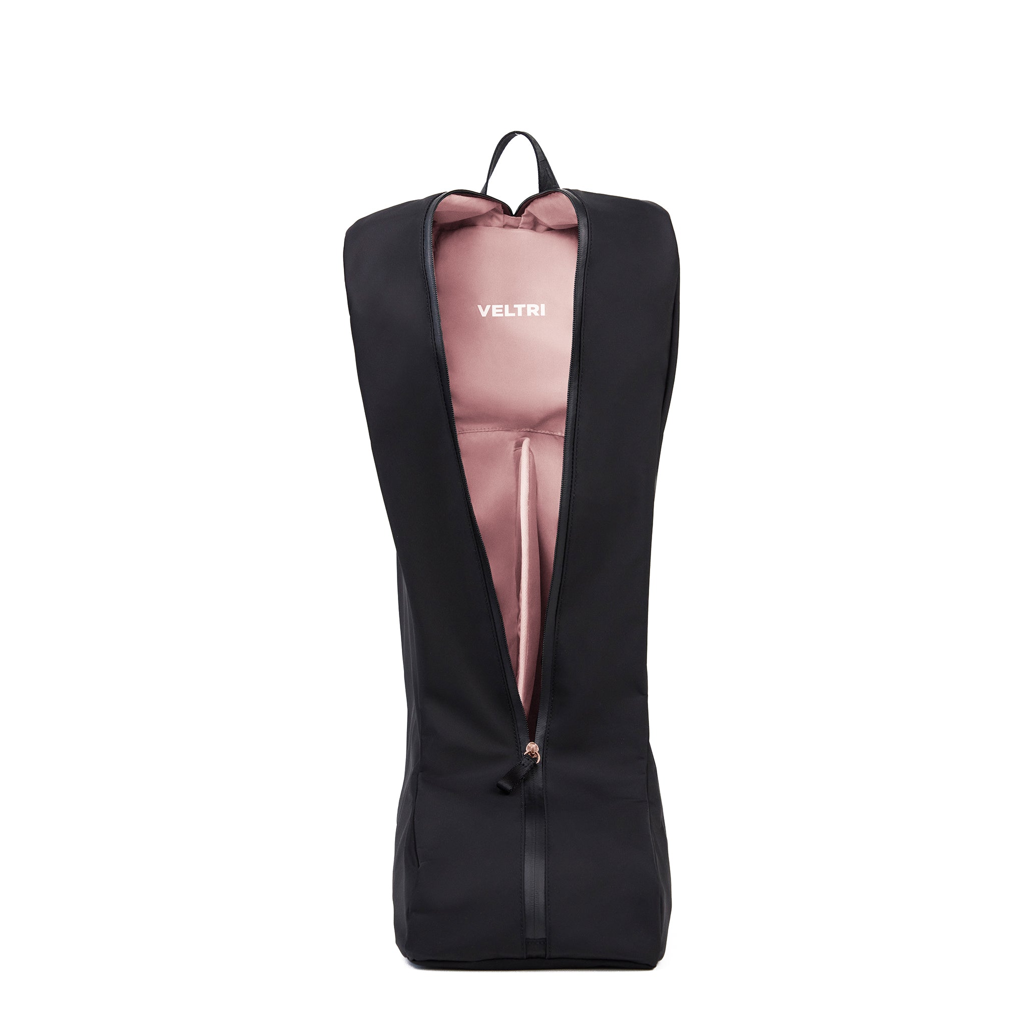 Veltri Sport Bedford Boot Bag opened to reveal blush pink lining with padded divider to keep tall boots separated and protected