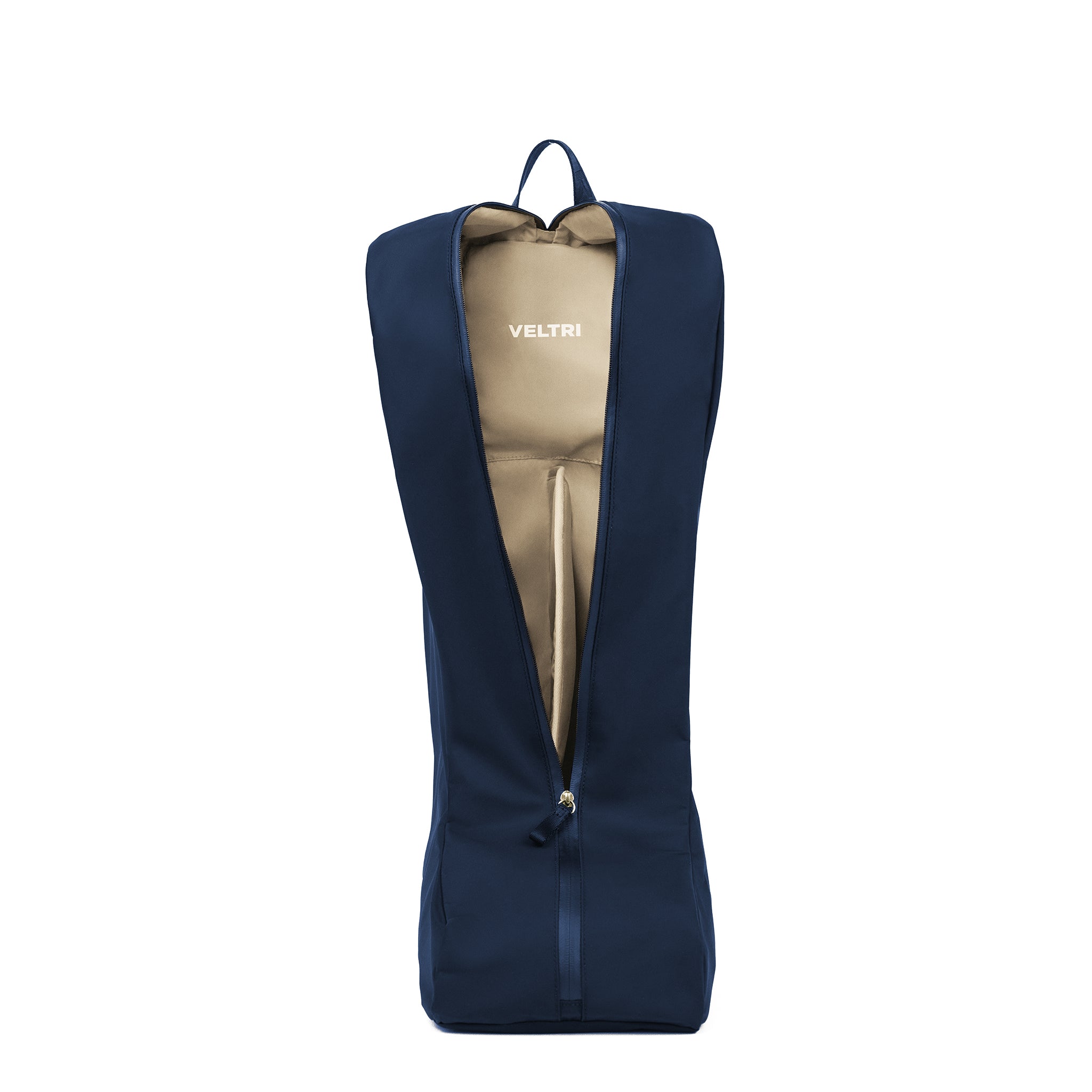 Veltri Sport Bedford Boot Bag in dark navy opened to show sand lining and padded interior divider for secure boot storage