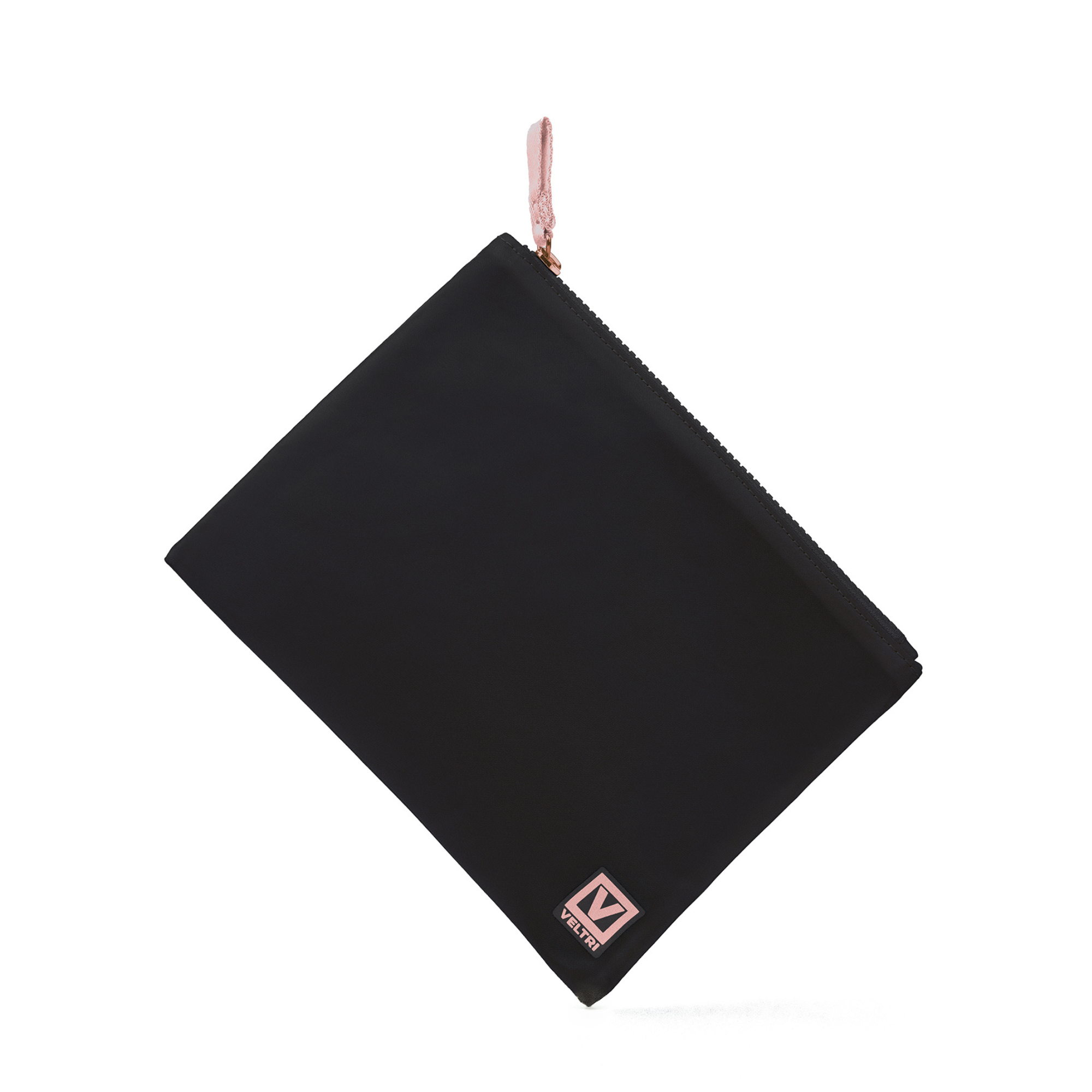Veltri Sport Darius Zip Pouch in black with blush pink lining, compact zip pouch for organizing everyday essentials