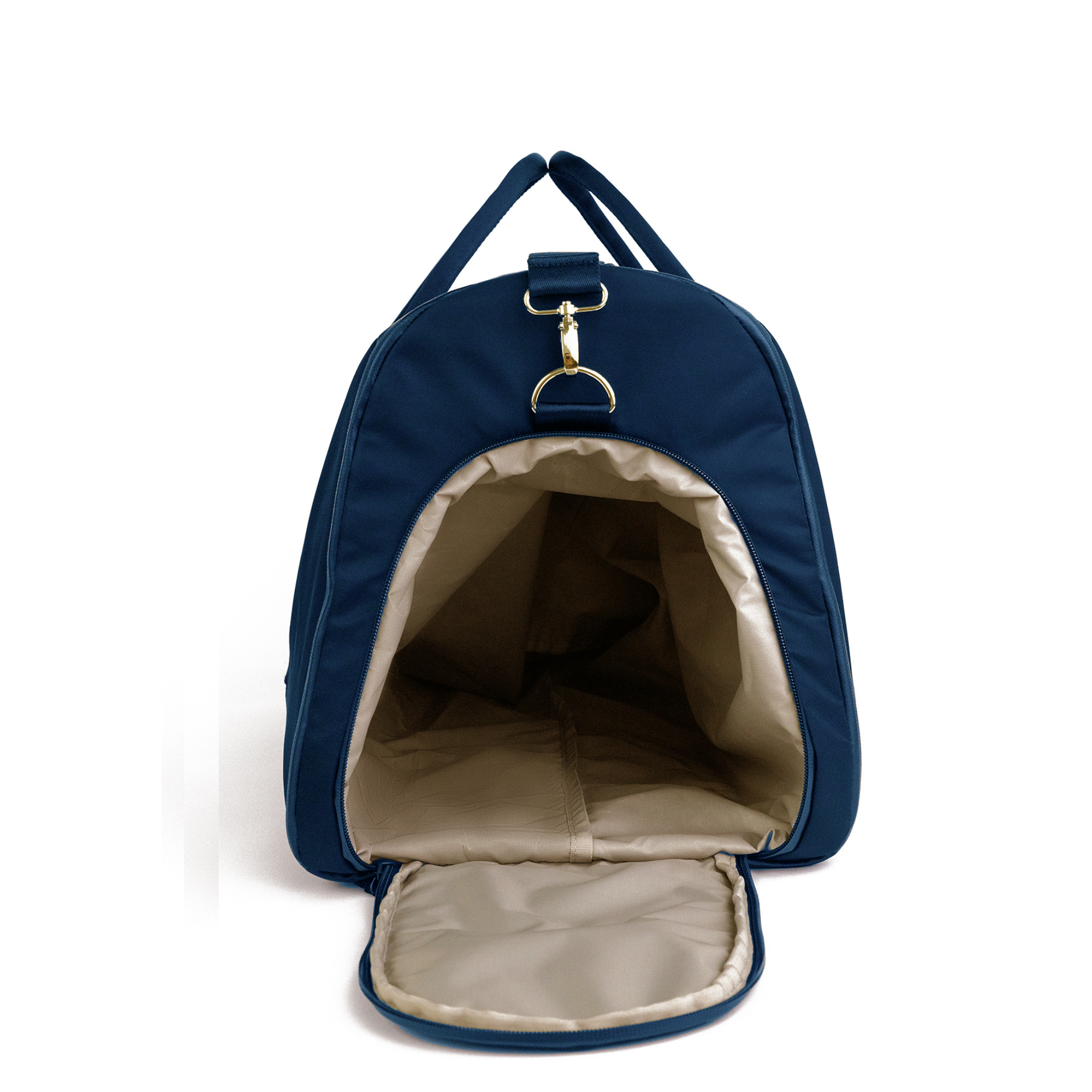 Side view of Veltri Sport Ellis Garment Duffle in dark navy with gold hardware showing compartment for tall boots or shoes opened with sand colored interior