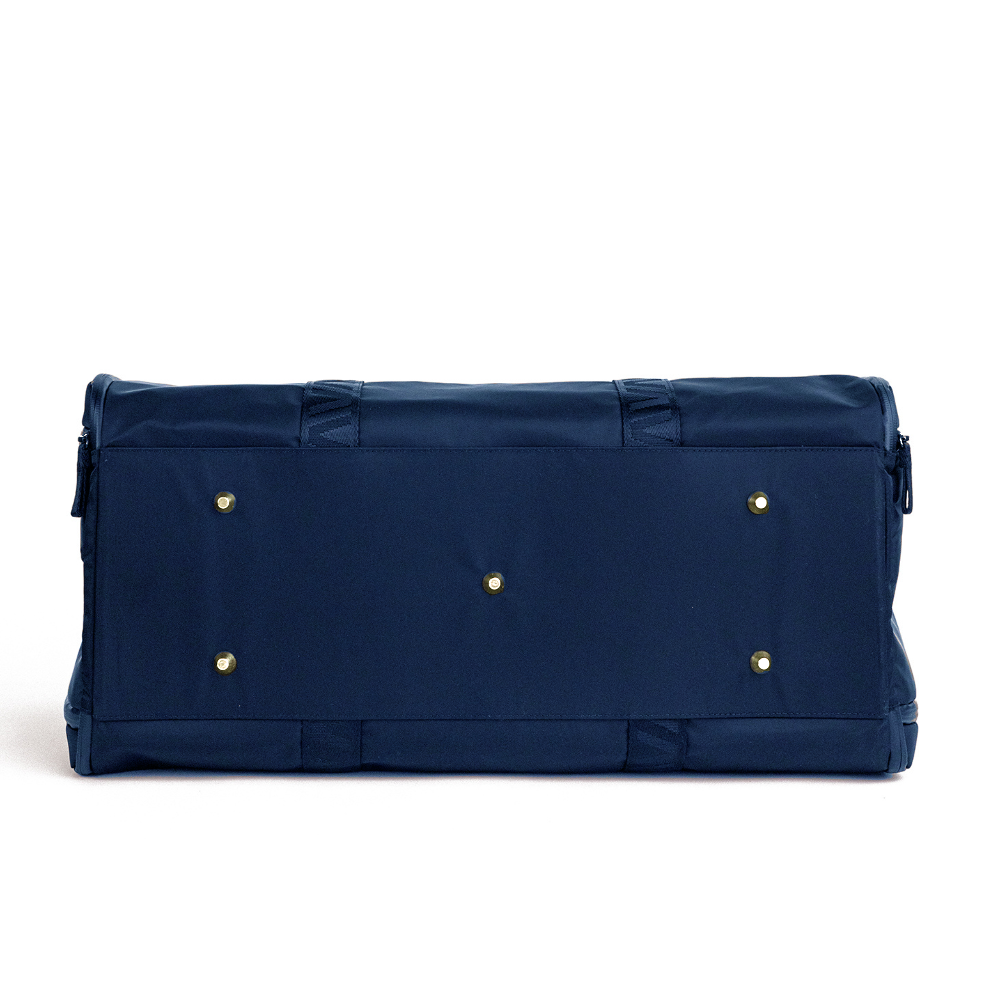 Bottom view of Veltri Sport Ellis Garment Duffle in dark navy with protective metal feet for durability during travel