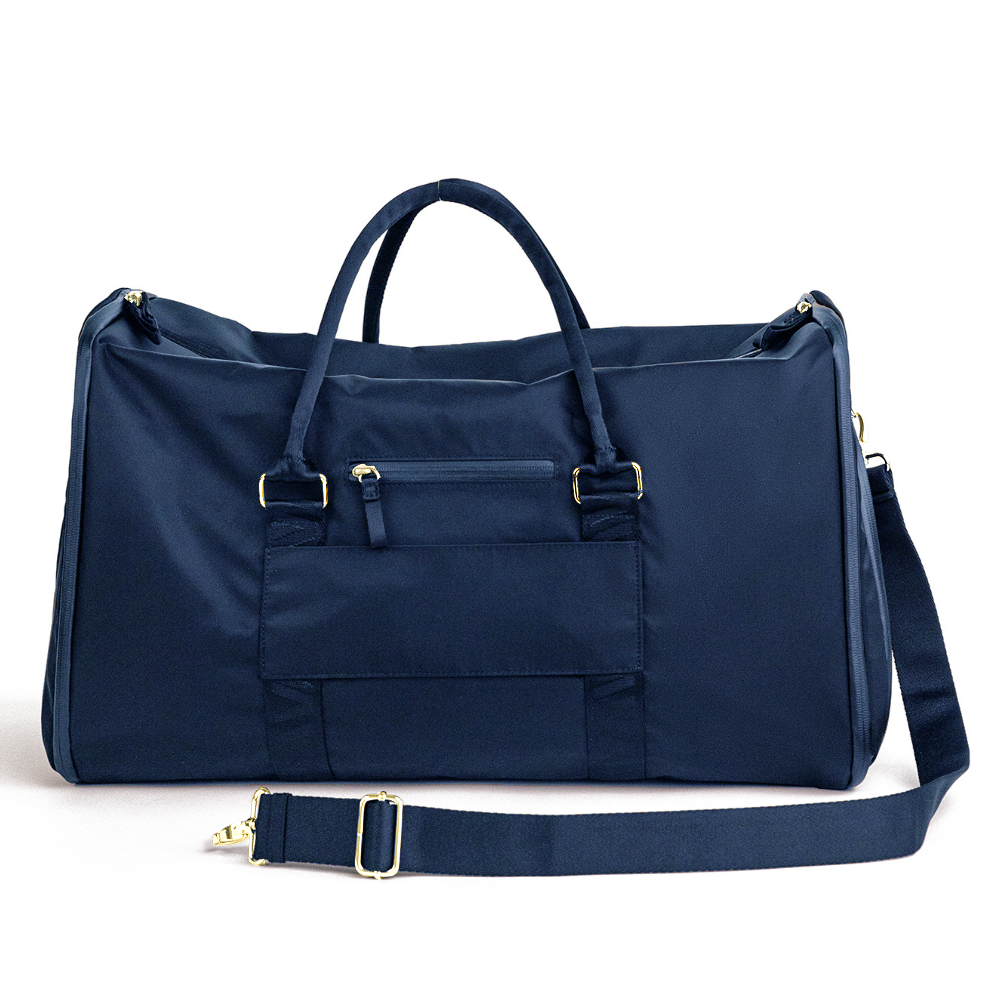 Back view of Veltri Sport Ellis Garment Duffle in dark navy showing luggage sleeve, passport pocket, shoulder straps, and detachable strap for travel