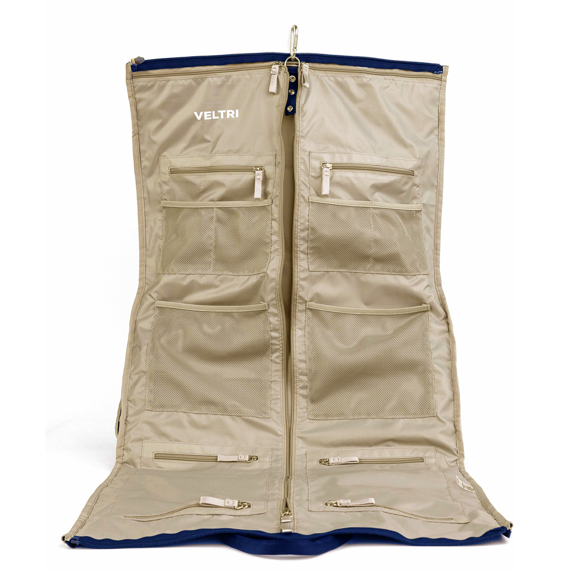 Veltri Sport Ellis Garment Duffle in dark navy fully opened to a sand colored interior to show garment storage, organizational pockets, and interior carabiner