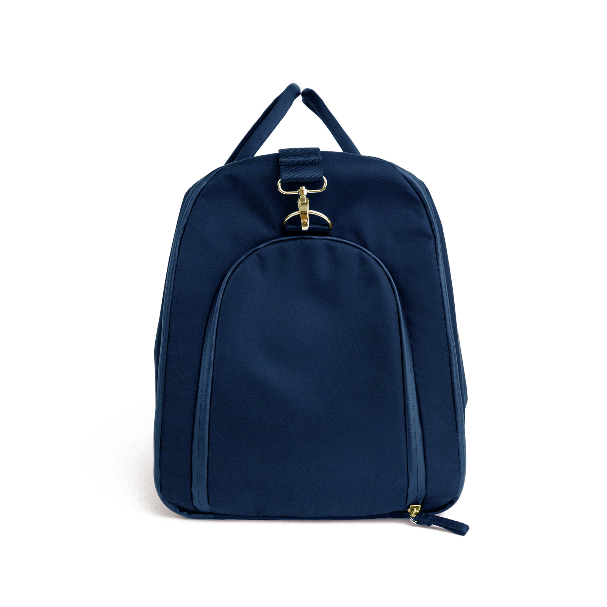 Side view of Veltri Sport Ellis Garment Duffle in dark navy with gold hardware showing compartment for tall boots or shoes