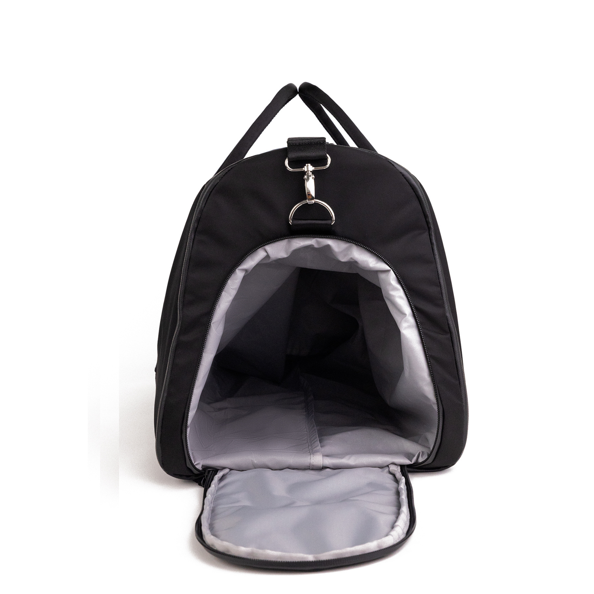 Side view of Veltri Sport Ellis Garment Duffle showing exterior compartment open for tall boots or shoes, keeping them separate from clothing