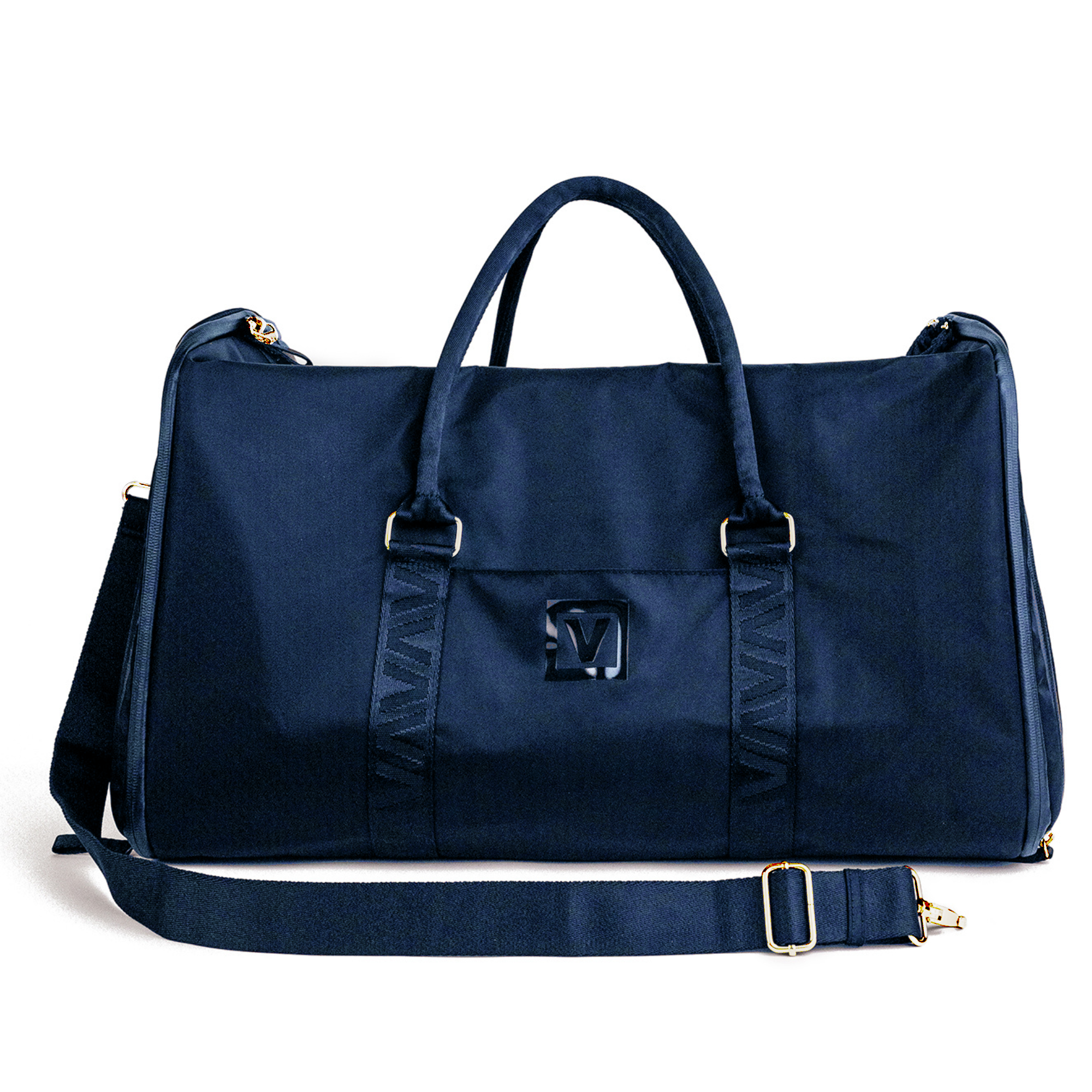 Veltri Sport Ellis Garment Duffle in dark navy with gold hardware, travel garment bag designed for wrinkle-free packing and carry-on use