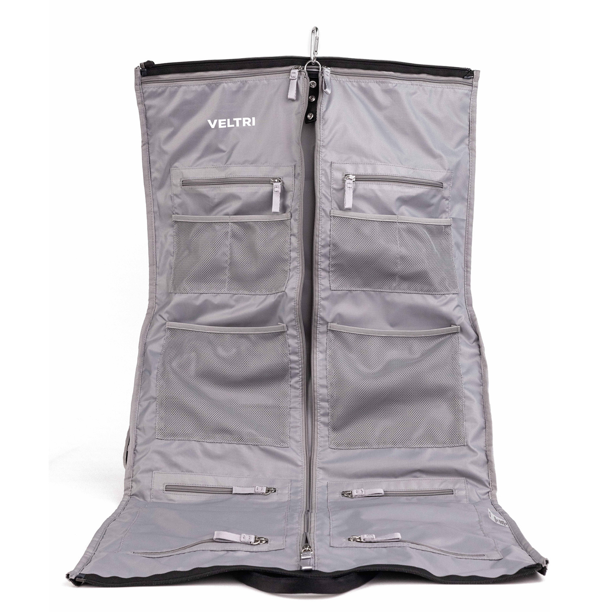 Veltri Sport Ellis Garment Duffle fully opened to reveal interior garment bag, organizational pockets, and carabiner for hanging
