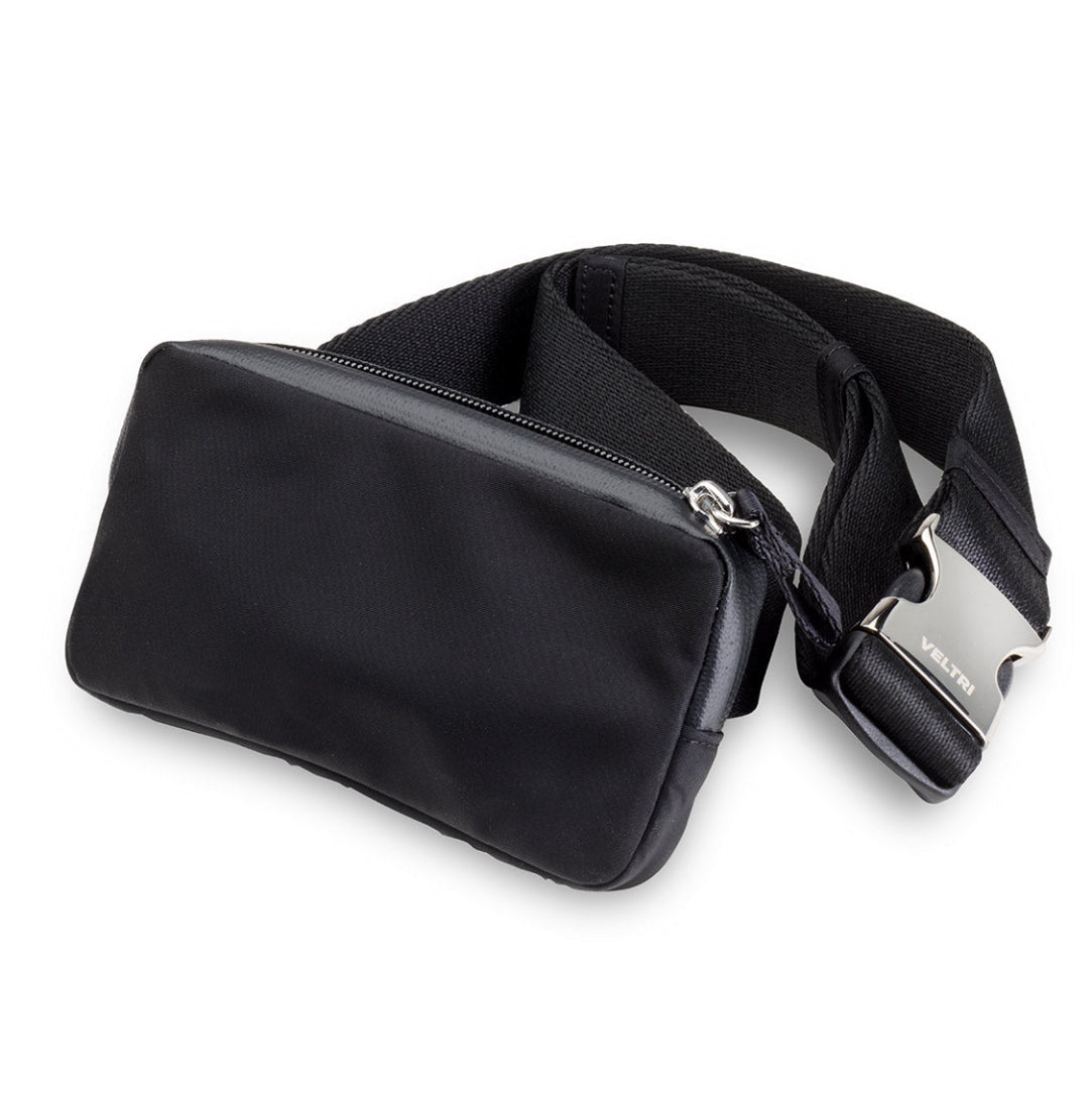Veltri Sport Large Eaton Belt Bag in black shown from the front, hands-free phone bag designed for secure everyday storage